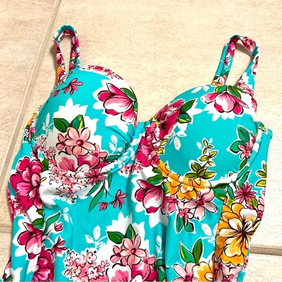 Leilani Push up Swimsuit Turquoise Blue Zinnias Floral women’s 10 multiple ways - Picture 3 of 10